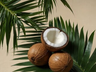 Tropical scene with halved coconuts and palm leaves.