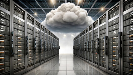 image depicts modern data center with rows of servers and cloud symbolizing cloud computing above. This setup represents integration of technology and data management, evoking sense of innovation and
