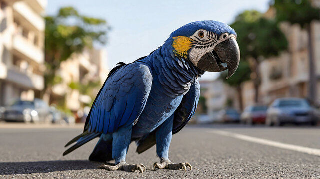 Side view of Yinmin blue Macaws, also known as true parrots, standing on an asphalt road in the heart of town. bright sunlight highlights their vivid blue feathers, with blurred background behind them