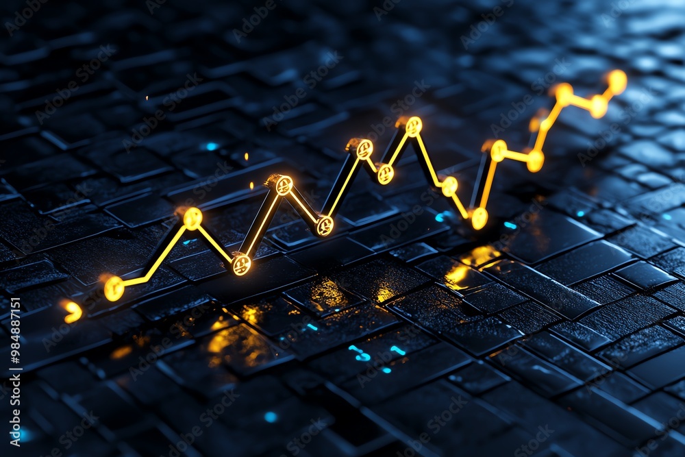 Poster minimalist line graph, with an upward trend and glowing data points representing positive business p