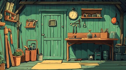 Green wooden shed interior with tools, workbench and door