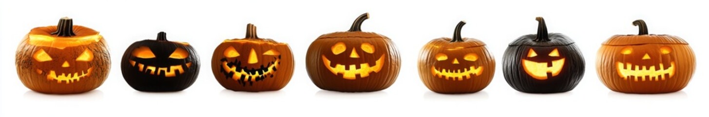 Set of Jack O Lantern Halloween pumpkin in pile single group on transparent background cutout. PNG file. Many assorted different design. Mockup template for artwork design
