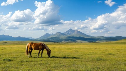 Obraz premium A lone horse grazing in an expansive meadow mountains in the distance