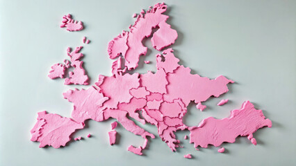A pink map of Europe is displayed against light gray background, showcasing distinct shapes of various countries. This artistic representation highlights continents geography in unique and vibrant way