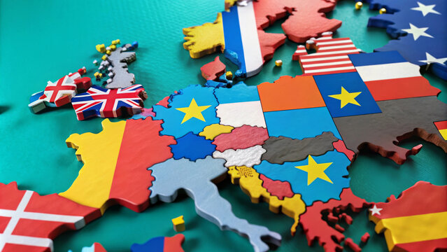 Colorful map of Europe featuring various countries and flags, showcasing vibrant representation of European geography and culture. intricate details highlight diversity and unity within continent