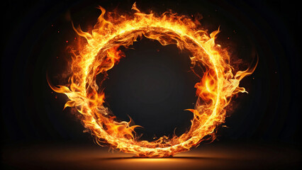 A vibrant fire circle glows with intense flames, creating captivating visual effect against dark background. fiery ring symbolizes energy and transformation