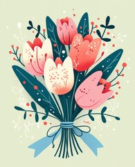 Naklejka premium Charming Greeting Card Design Featuring Illustrated Tulips Wrapped for Valentine's Day with Blue Ribbon and Light Green Background, Perfect for Romantic Occasions and Birthdays