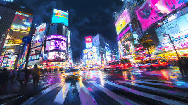 Shibuya crossing in tokyo, neon night city colors, illustration. generative ai. Neon District. Illustration