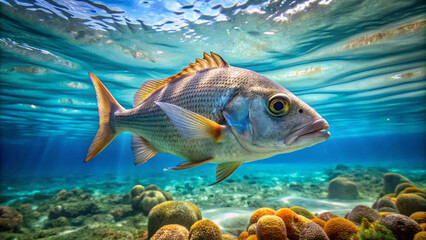 Naklejka premium A vibrant fish swims gracefully in clear blue sea, surrounded by colorful coral formations. underwater scene captures beauty of marine life and tranquility of ocean