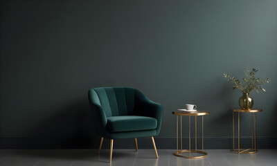 Luxurious lounge area featuring a dark green velvet armchair, gold side tables, and matching gold lamp, creating a sophisticated, modern look.
