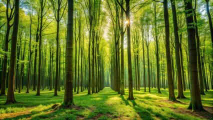 Obraz premium A serene forest scene featuring tall trees with vibrant green leaves, sunlight filtering through canopy, creating peaceful atmosphere