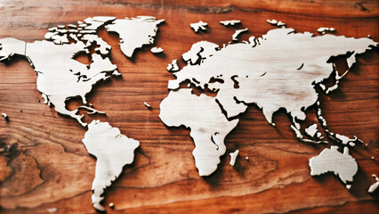 A detailed wooden world map silhouette showcases continents beautifully, emphasizing intricate design and craftsmanship. This artistic piece adds unique touch to any decor