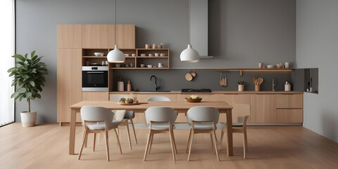 Modern kitchen design featuring light wood cabinets, a central island with barstools, pendant lighting, and open shelving for a minimalist, natural look.
