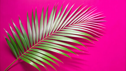 A vibrant palm tree leaf rests against bright pink background, showcasing its lush green foliage and intricate details. This striking contrast creates lively and tropical atmosphere