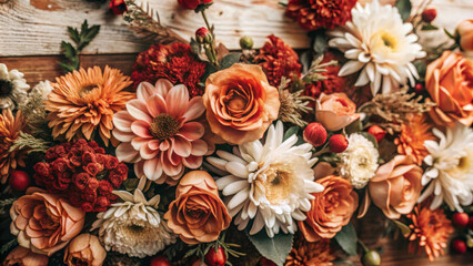 A vibrant floral arrangement featuring orange, white, and red flowers, showcasing mix of roses, daisies, and other blooms against rustic wooden background. warm colors evoke sense of joy and natural b