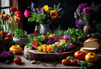 colorful fresh plant based meal display featuring variety ingredients artistic arrangement, presentation, vibrant, food, dish, vegetables, herbs, organic
