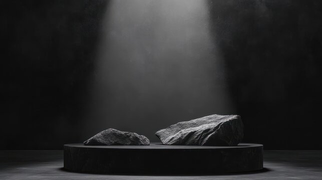 Black, dark and gray geometric Stone and Rock shape background, minimalist mockup for podium display showcase, studio room, Platform illuminated by spotlights, interior texture for display products