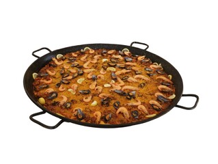 Large paella pan overflowing with seafood and rice