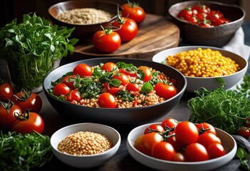 vibrant array homemade meals showcasing fresh ingredients flavorful options compared quick fast food choices, appetizing, aromatic, balance, banquet, bite