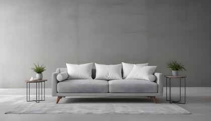 Fototapeta premium Sleek and modern living room featuring a gray sectional sofa, minimalist shelving, monochrome decor, and indoor plants, 