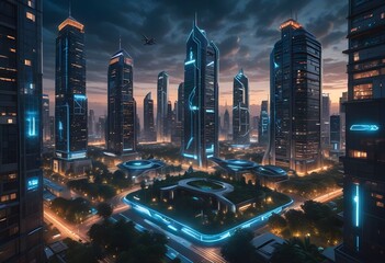 Naklejka premium A futuristic cityscape with tall buildings and a park in the middle