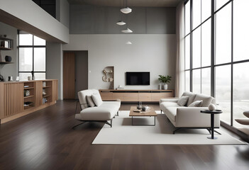 Sleek and modern living room featuring a gray sectional sofa, minimalist shelving, monochrome decor, and indoor plants,
