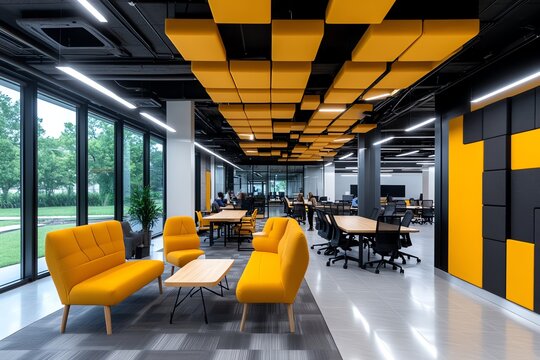 Modern office layout, with open spaces, collaborative meeting areas, and a vibrant, inclusive atmosphere