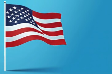 Waving American flag on a vibrant blue background.