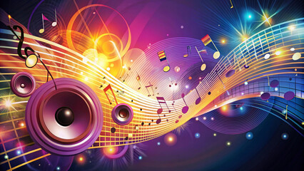 Vibrant music background featuring colorful sound waves, musical notes, and speakers, creating an energetic and lively atmosphere. Perfect for music related projects