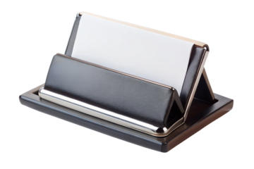 Black business card holder with silver trim on transparent background