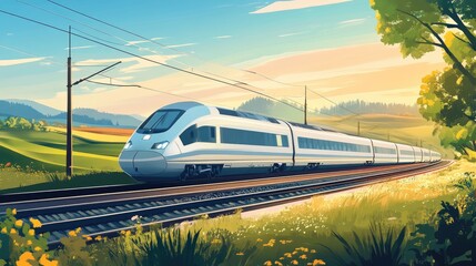 Fototapeta premium An electric train speeding through a countryside landscape, with rolling hills and fields of green, highlighting the balance between modern technology and nature.