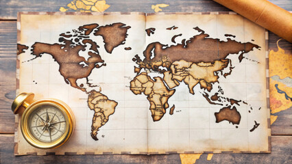 A vintage world map with compass on wooden surface evokes sense of adventure and exploration. intricate details of map highlight geographical features and historical significance