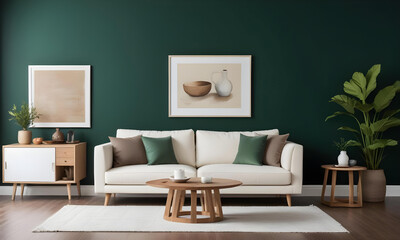 Stylish living room featuring a white sofa, green accent wall

