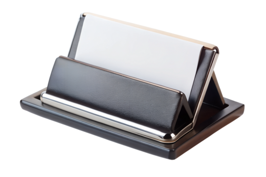 Black business card holder with silver trim on transparent background