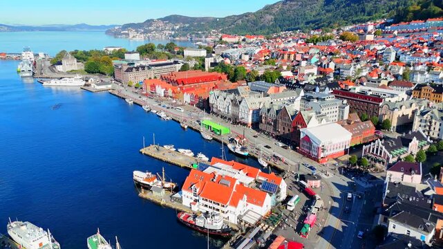 Aerial drone shot of Bergen harbour and Bryggen, Norway