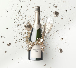 Christmas card design with a bottle of champagne. New years eve celebration greeting card, holiday or birthday