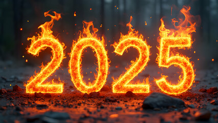 3d 2025 fire flames burning text is perfect for posters, banners, flyers, and Happy New Year 2025 greetings