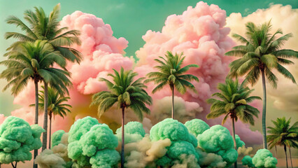 Fototapeta premium A vibrant scene featuring pink cotton candy clouds and lush green palm trees, creating dreamy and whimsical atmosphere. colors evoke sense of joy and tranquility