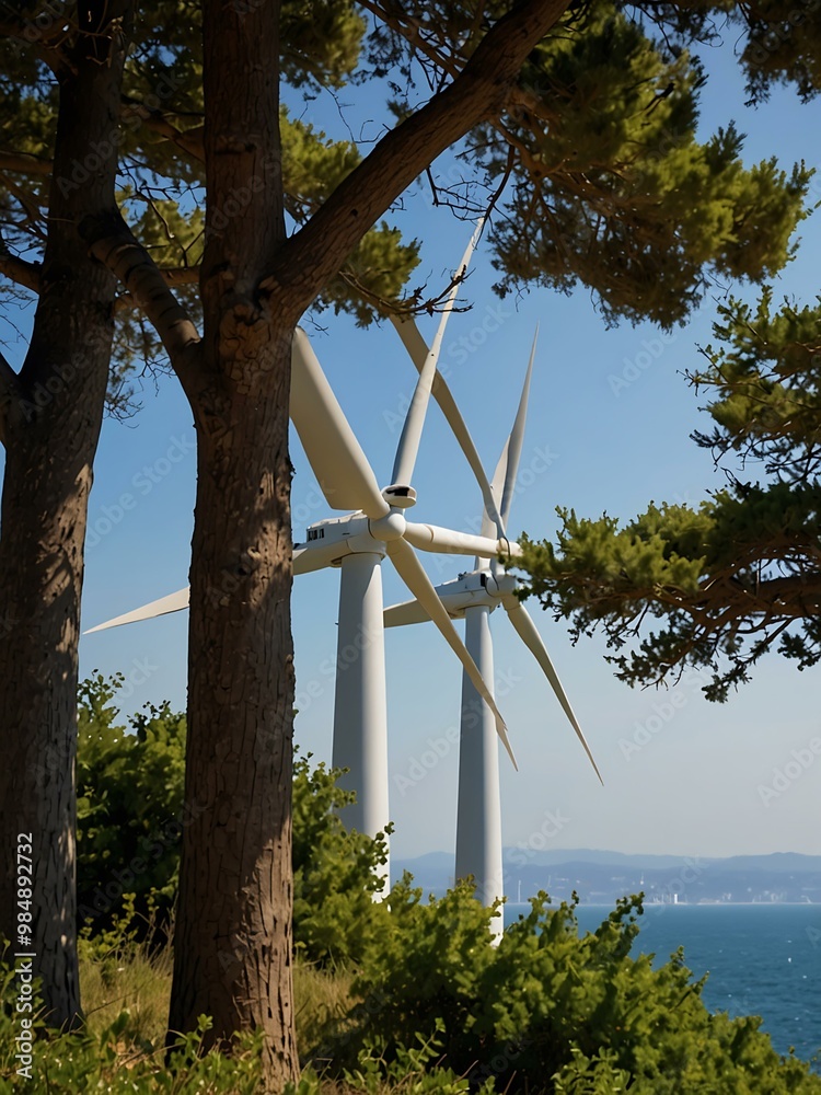 Poster Wind turbines through a frame of coastal trees, blending man-made and natural.