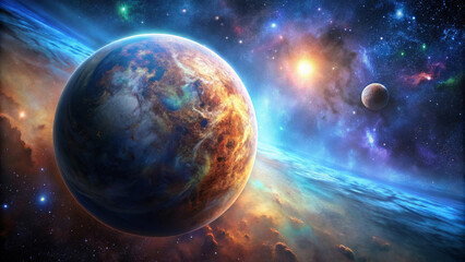 Obraz premium A vibrant planet in space surrounded by colorful nebulae and distant celestial bodies creates stunning cosmic scene. beauty of universe is truly captivating