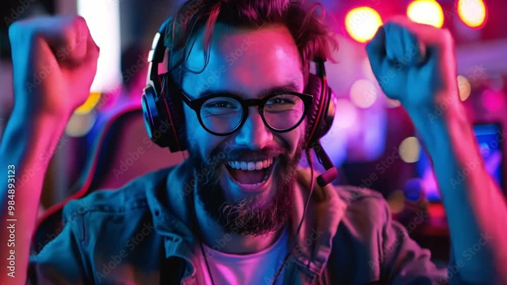 Poster a young man with glasses and a beard celebrates triumphantly after winning a game in an illuminated 