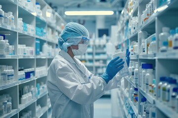 A man in a white lab coat stands in front of a shelf of bottles, generative ai image