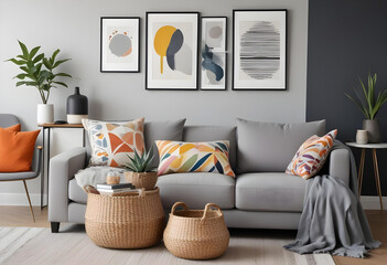 Bright and modern living room featuring a gray sofa with vibrant pillows, houseplants, wooden furniture, and a patterned rug for a cozy atmosphere.
