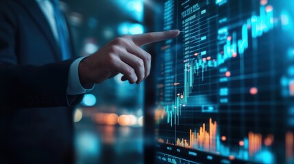 Businessman pointing financial graph growth and stock market chart, analyzing business data to increase sales and revenue profit, business solution, finance, banking and investment, data analysis.