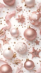 White background, golden and pink glittery ornaments with ribbons and stars scattered around, shiny white ceramic surfac