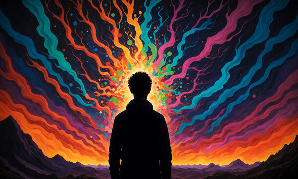 A colorful illustration of a man's silhouette against the background of the mental world, with an electromagnetic biofield emanating around him. Conceptual illustration