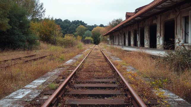 An abandoned train station with rusted tracks overgrown with grass