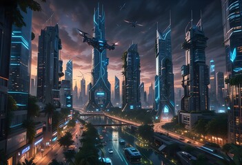A futuristic cityscape with tall buildings and a park in the middle