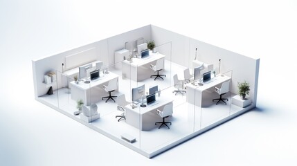 Modern office interior with glass partitions and workstations, isolated on white background.