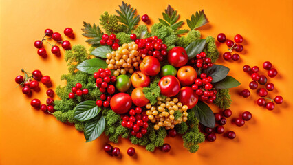 Obraz premium Fresh fruits and vibrant greens create colorful arrangement on an orange background, showcasing apples, berries, and foliage in delightful display